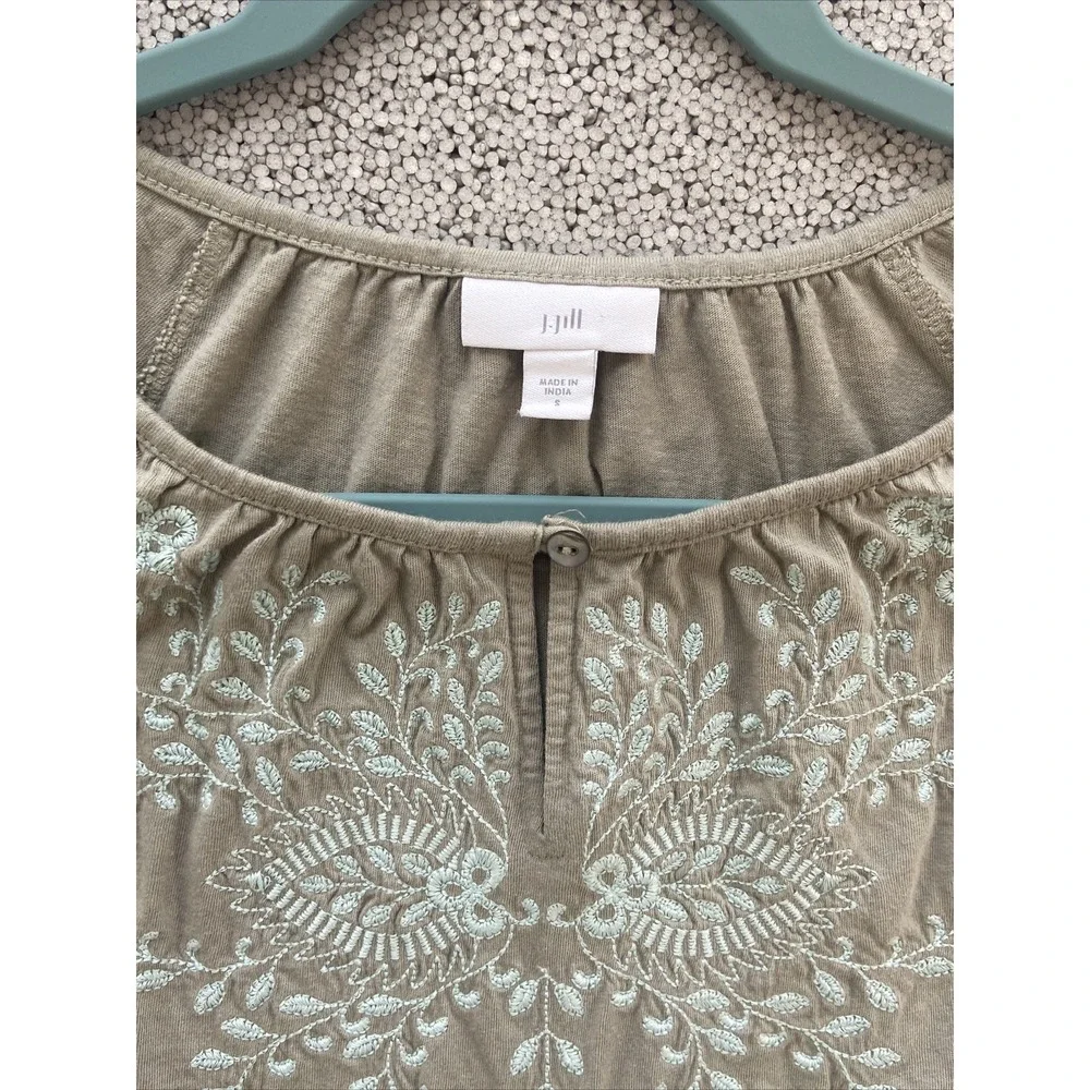 J JILL Shirt Embroidered Shirt Women's Small Floral Boho Peasant Slate Sage Blue